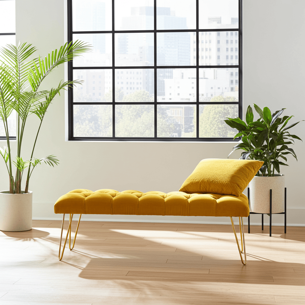 Mustard Yellow Velvet Bench 100x40cm Golden Hairpin Legs