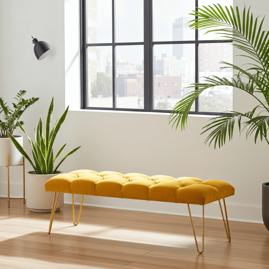 Mustard Yellow Velvet Bench 100x40cm Golden Hairpin Legs