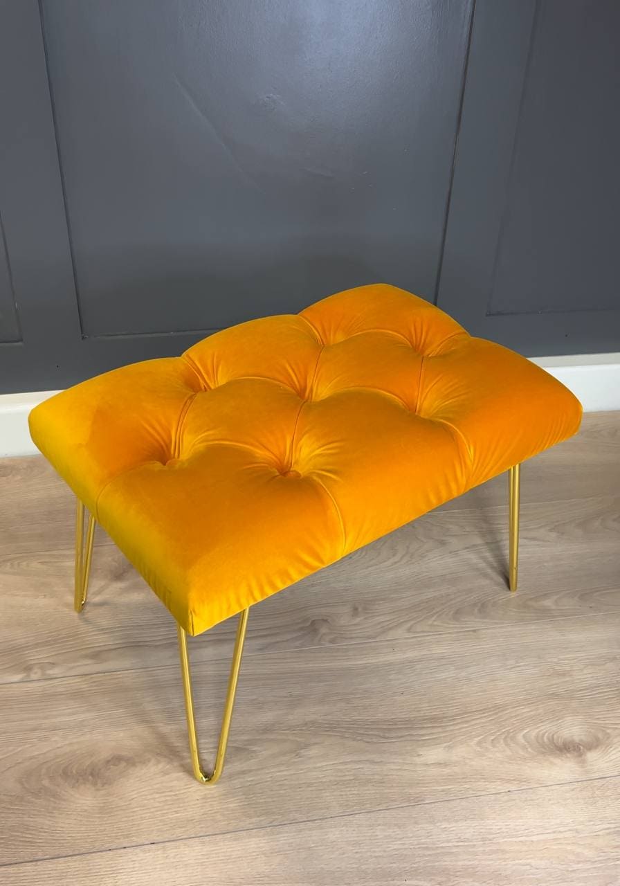 Orange Velvet Footstool 60x40cm - Golden Hairpin Legs