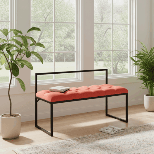 Red Velvet Bench with Backrest 100x40cm – Black Steel Frame – PouffeLOVE