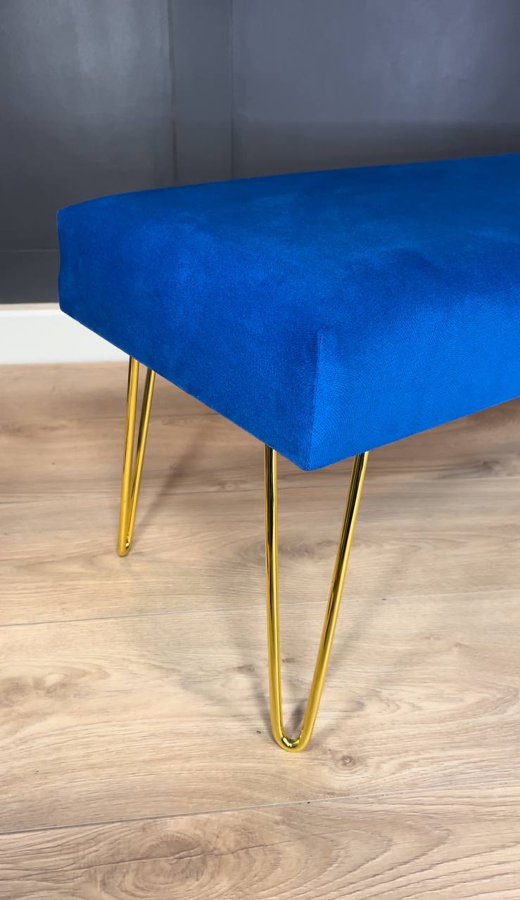 Royal Blue Velvet Bench 100x40cm - Golden Hairpin Legs