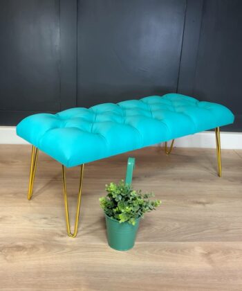 Turquoise Eco-Leather Bench 100x40cm - Golden Hairpin Legs