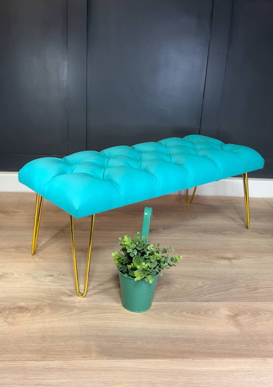Turquoise Eco-Leather Bench 100x40cm - Golden Hairpin Legs