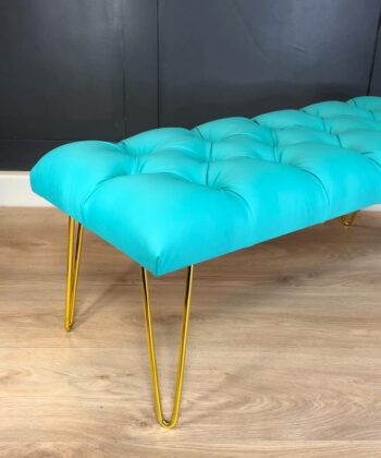 Turquoise Eco-Leather Bench 100x40cm - Golden Hairpin Legs