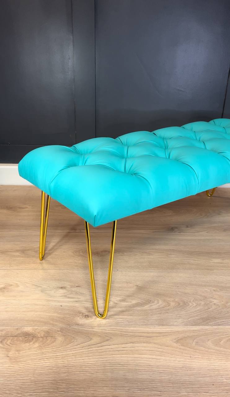 Turquoise Eco-Leather Bench 100x40cm - Golden Hairpin Legs