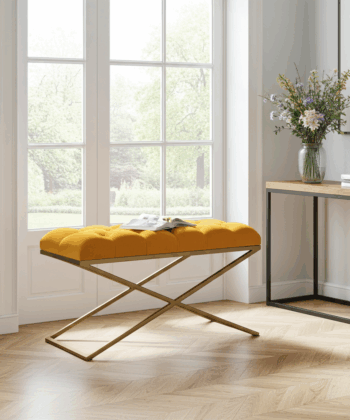 Metal-Framed Bench 100x40cm Mustard Yellow Velvet & Gold