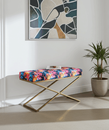 Metal-Framed X-Style Bench Floral Velvet with Gold Frame