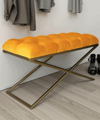 Metal-Framed Bench 100x40cm Mustard Yellow Velvet & Gold
