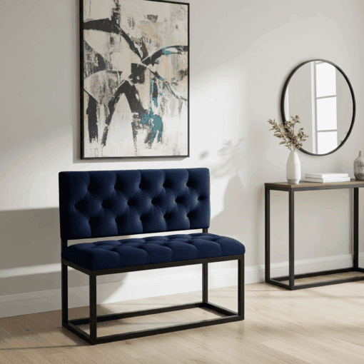 Black velvet dining bench with supportive backrest, 100x40cm, featuring a black powder-coated metal frame, designed for comfort and style in modern dining environments.