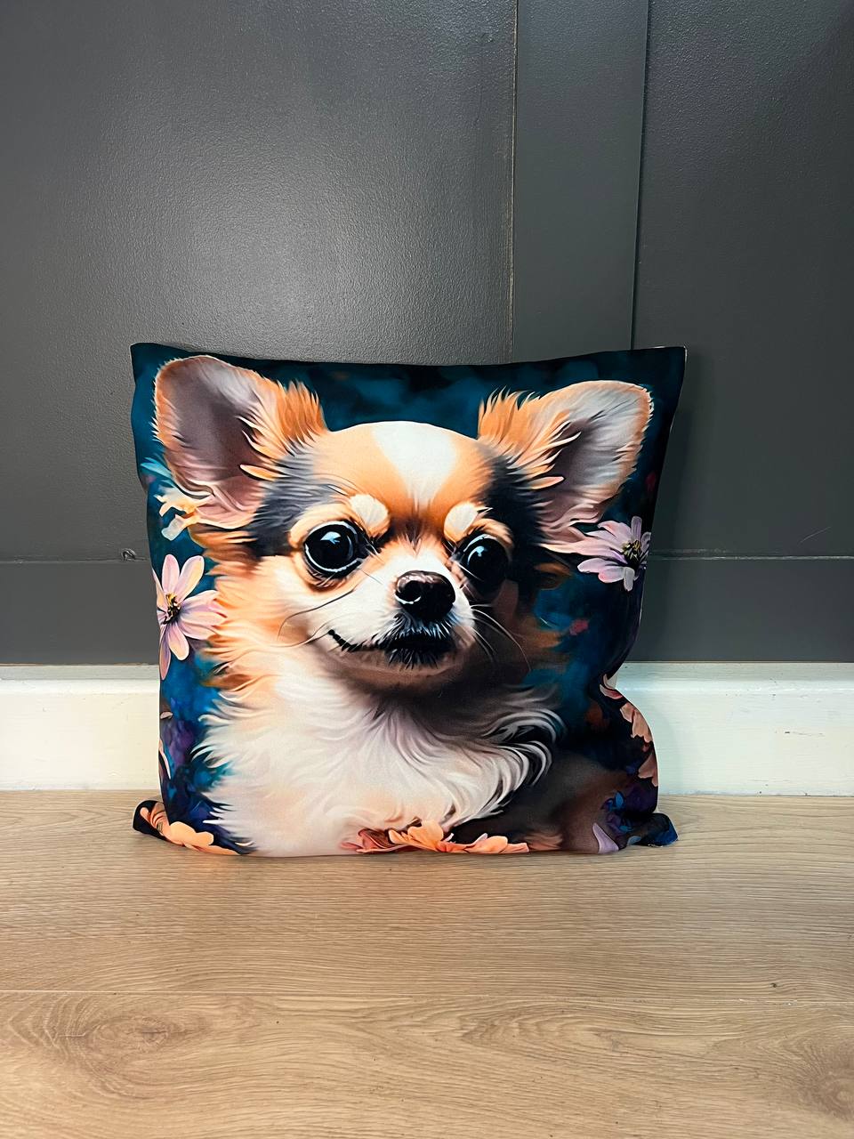 Handcrafted Chihuahua Cushion – Artistic Floral Pet Lover's Pillow