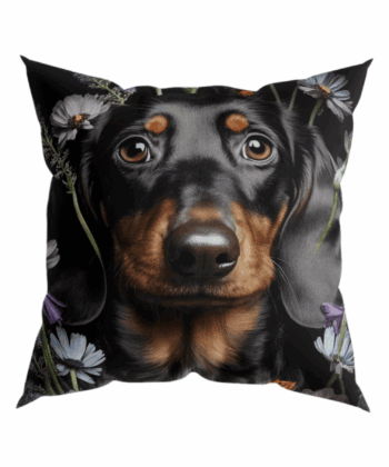 Handcrafted Black Floral Cushion with Dachshund Motif