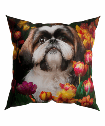 Handcrafted Shih Tzu & Floral Cushion Whimsical Elegance