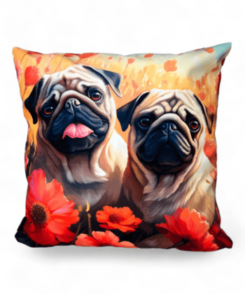 Handcrafted Pug Cushion 45x45 cm – Playful Floral Dog