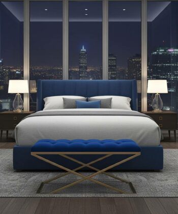 Metal-Framed Bench 100x40cm Single X Style – Royal Blue Velvet