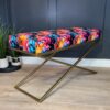 Metal-Framed X-Style Bench Floral Velvet with Gold Frame