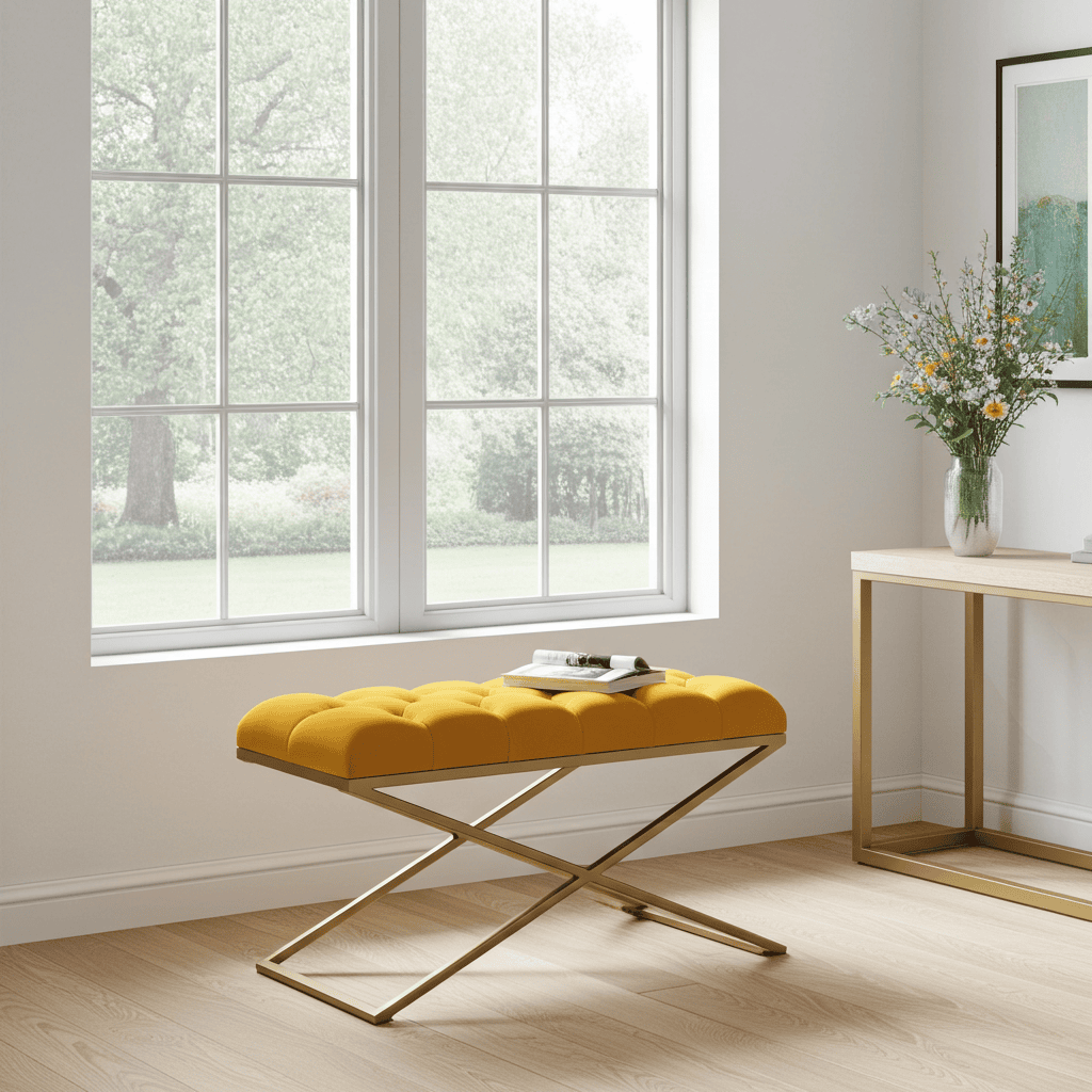 Metal-Framed Bench 100x40cm Mustard Yellow Velvet & Gold
