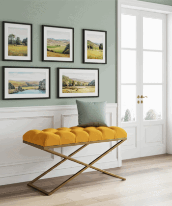 Metal-Framed Bench 100x40cm Mustard Yellow Velvet & Gold