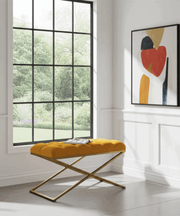 Metal-Framed Bench 100x40cm Mustard Yellow Velvet & Gold