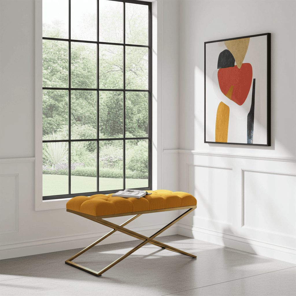 Metal-Framed Bench 100x40cm Mustard Yellow Velvet & Gold