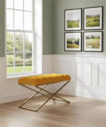 Metal-Framed Bench 100x40cm Mustard Yellow Velvet & Gold