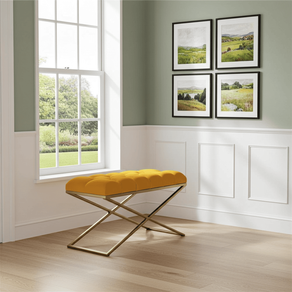 Metal-Framed Bench 100x40cm Mustard Yellow Velvet & Gold