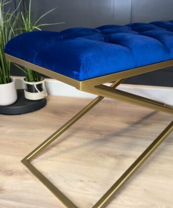 Metal-Framed Bench 100x40cm Single X Style – Royal Blue Velvet