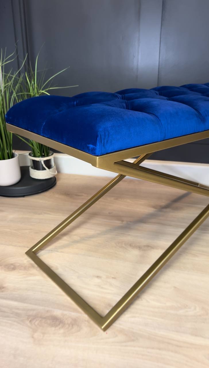 Metal-Framed Bench 100x40cm Single X Style – Royal Blue Velvet