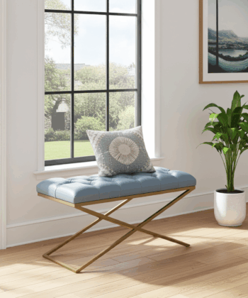 Metal-Framed Bench Light Grey Tufted Seat & Antique Gold Frame