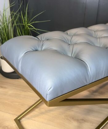 Metal-Framed Bench Light Grey Tufted Seat & Antique Gold Frame