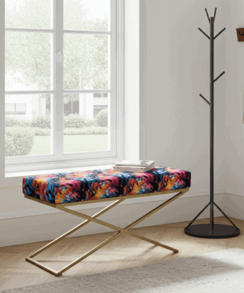 Metal-Framed X-Style Bench Floral Velvet with Gold Frame
