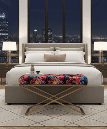 Metal-Framed X-Style Bench Floral Velvet with Gold Frame