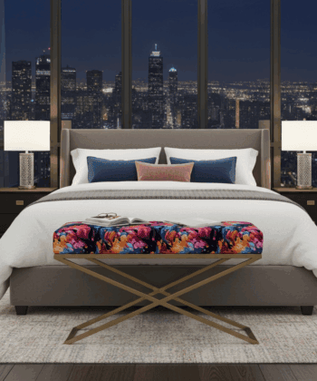 Metal-Framed X-Style Bench Floral Velvet with Gold Frame