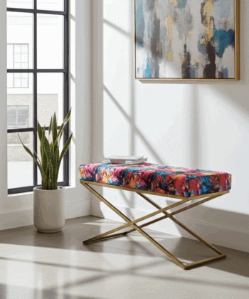 Metal-Framed X-Style Bench Floral Velvet with Gold Frame