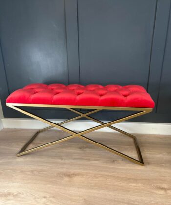 Metal-Framed X-Style Bench Red Velvet with Gold Frame