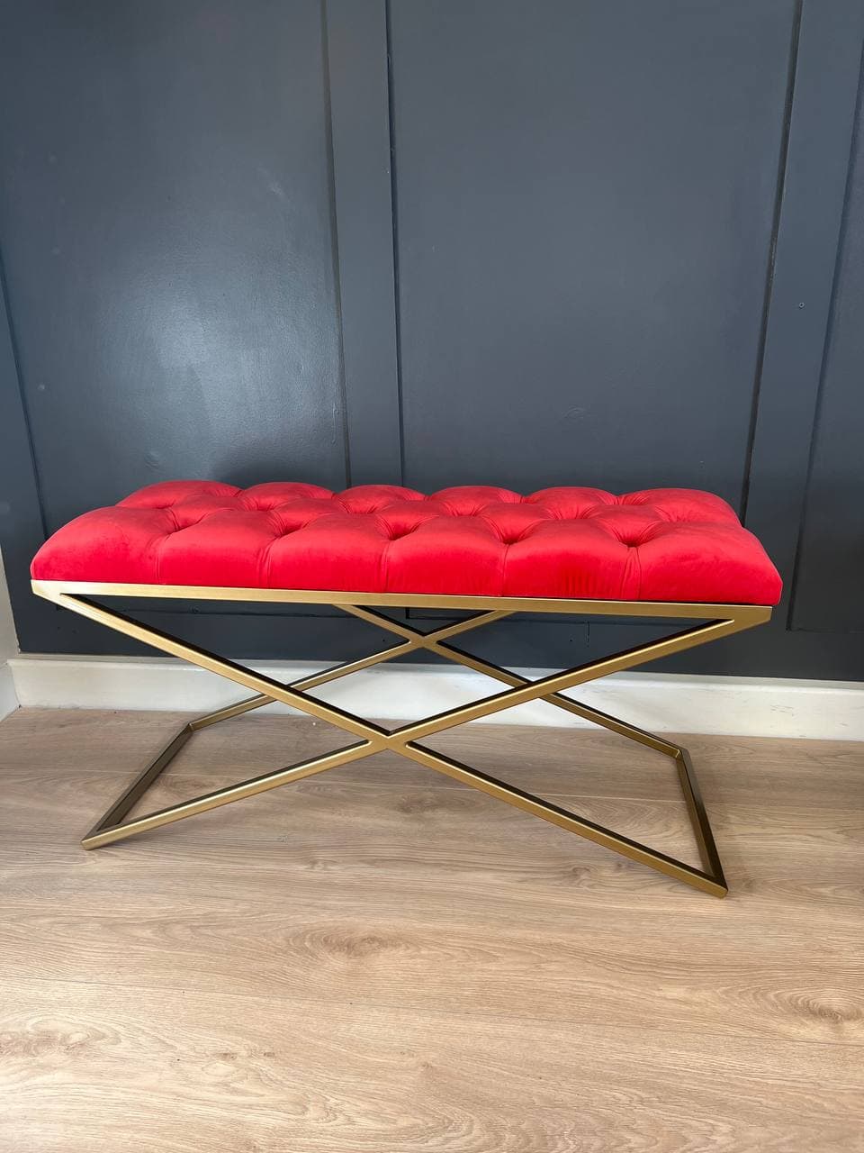 Metal-Framed X-Style Bench Red Velvet with Gold Frame