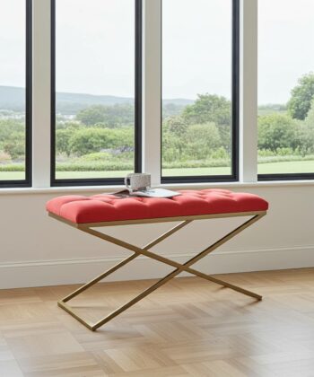 Metal-Framed X-Style Bench Red Velvet with Gold Frame