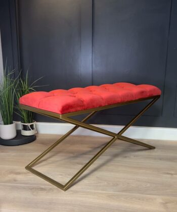 Metal-Framed X-Style Bench Red Velvet with Gold Frame