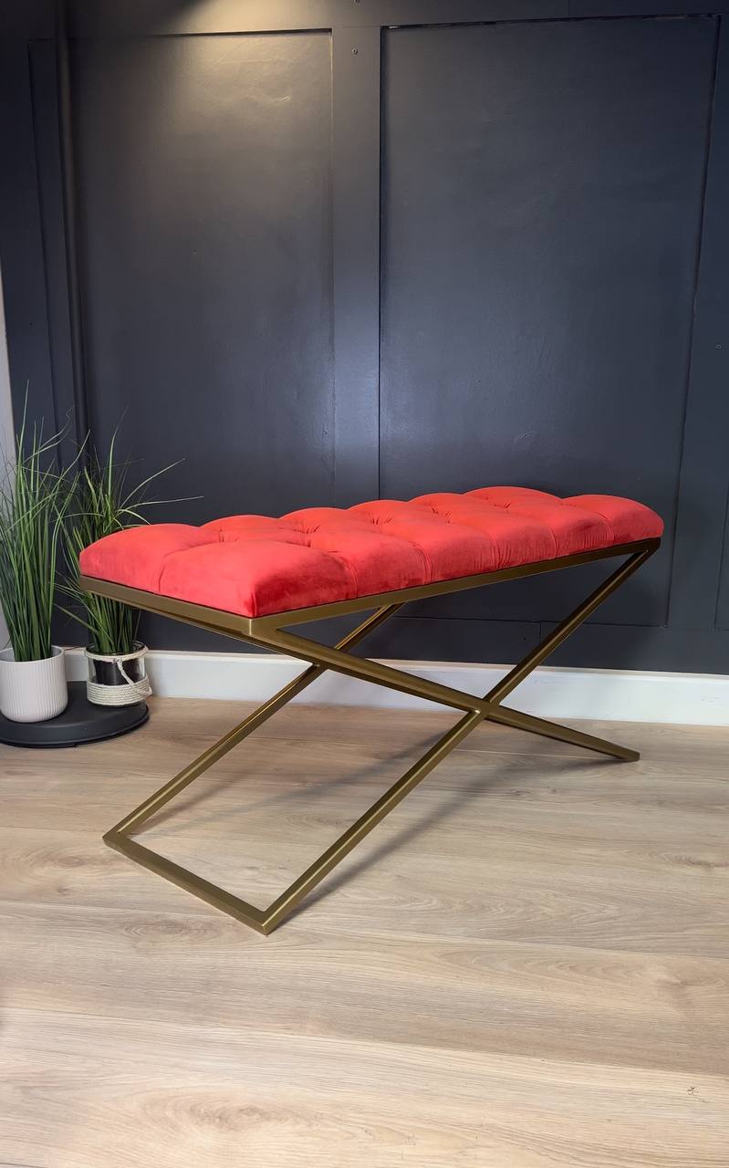 Metal-Framed X-Style Bench Red Velvet with Gold Frame