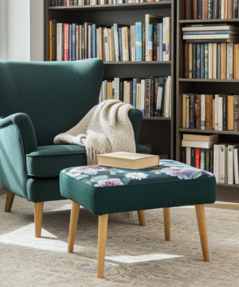 Footstool Dark Green Floral Velvet with Natural Wooden Legs