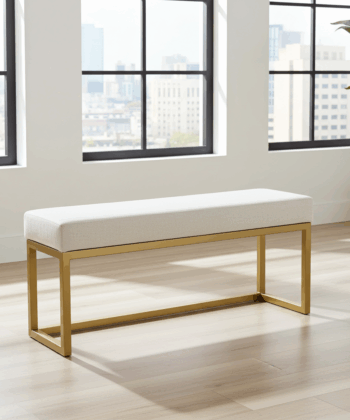 Light Grey Upholstered Metal Bench with Gold Frame