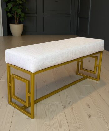 Modern Velvet Metal Bench – Gold Frame, Rectangular, White