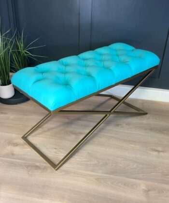 Aqua Velvet X-Frame Bench 100x40cm – Gold Metal Base