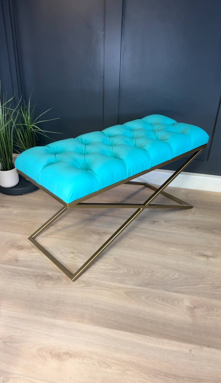 Aqua Velvet X-Frame Bench 100x40cm – Gold Metal Base