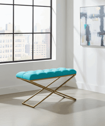 Aqua Velvet X-Frame Bench 100x40cm – Gold Metal Base