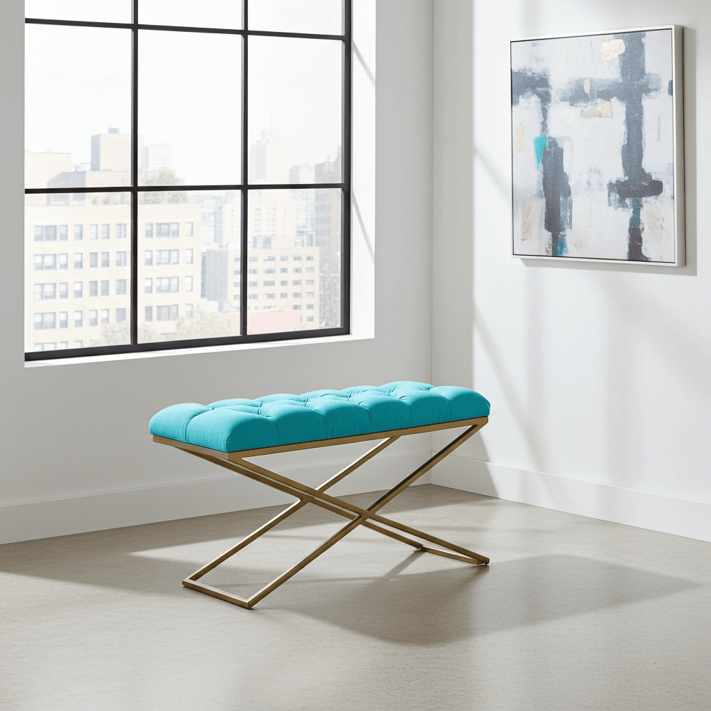 Aqua Velvet X-Frame Bench 100x40cm – Gold Metal Base