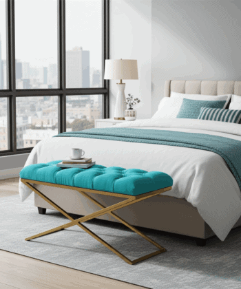 Aqua Velvet X-Frame Bench 100x40cm – Gold Metal Base