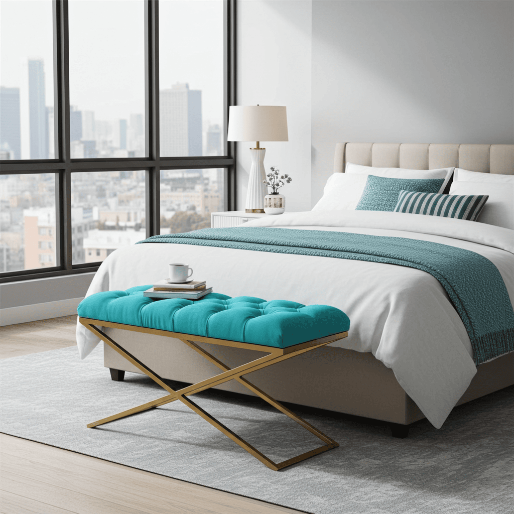 Aqua Velvet X-Frame Bench 100x40cm – Gold Metal Base