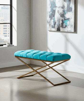 Aqua Velvet X-Frame Bench 100x40cm – Gold Metal Base