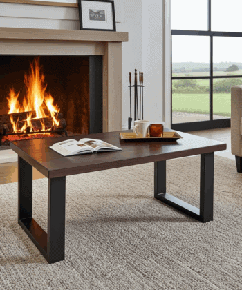 Coffee Table with Solid Beech or Ash Wood Top & Metal Legs