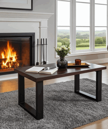 Coffee Table with Solid Beech or Ash Wood Top & Metal Legs